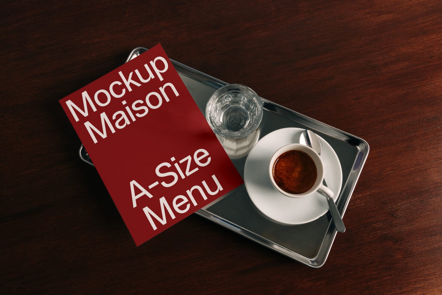 A-size menu mockup on a tray with espresso and glass of water. Ideal for designers seeking realistic restaurant menu presentation templates.