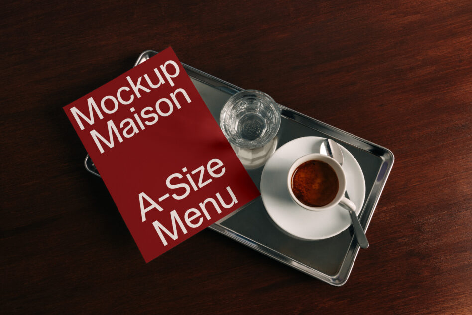 Red A-size menu card mockup on dark tray with espresso cup water glass wood table