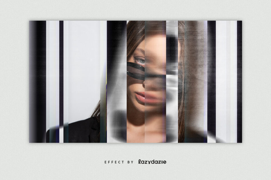 Vertical striped offset effect on close-up of person with eyes closed, minimalist aesthetic