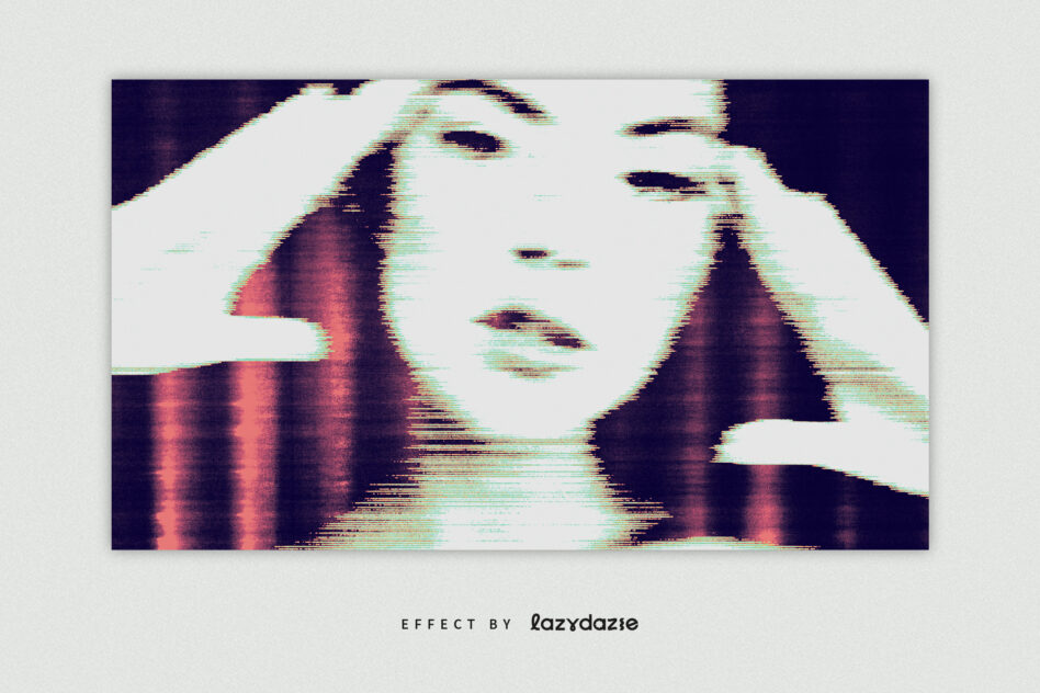 Pixelated face with scanline distortion, dark tones with cyan artifacts