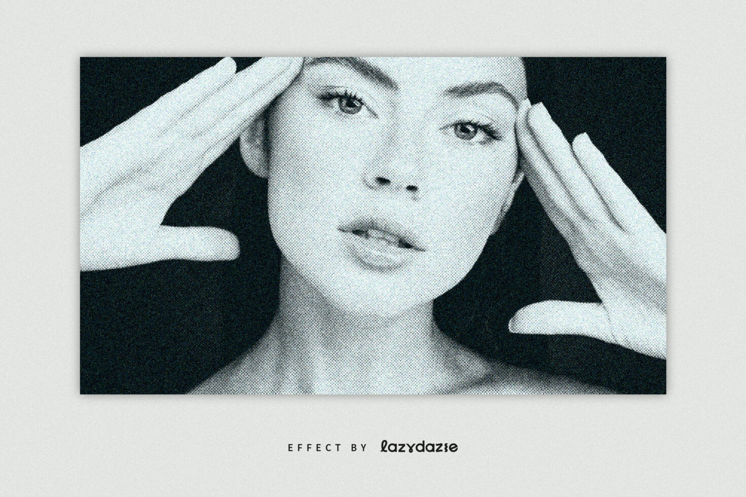 Halftone effect image of a woman's face with hands near head. High contrast style for digital art, graphic design, photo editing. Ideal for templates.
