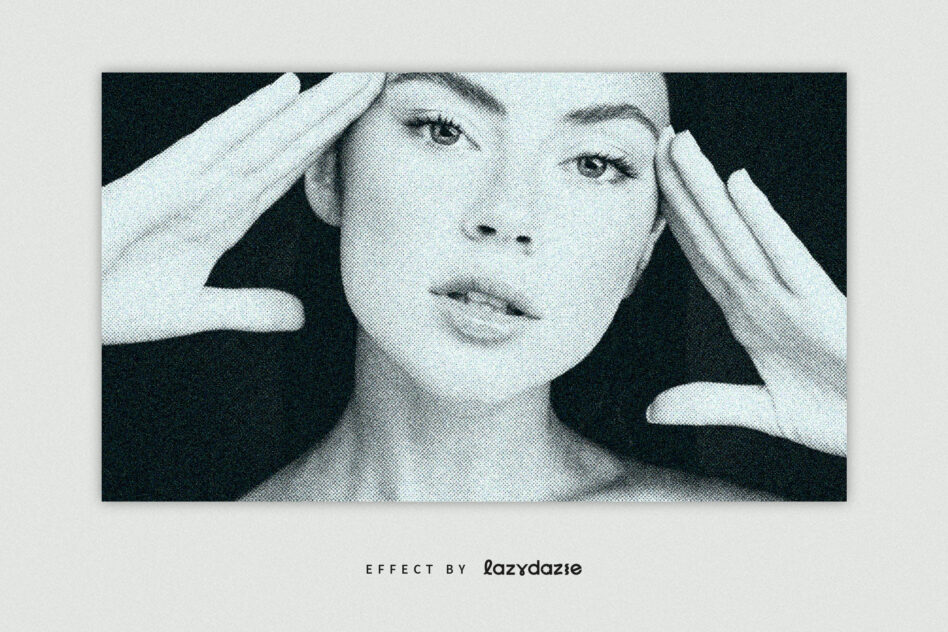 Woman's face in profile with hands framing cheeks, grainy halftone effect
