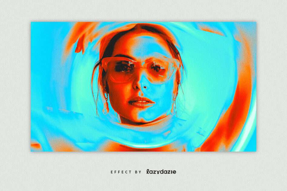 Person wearing orange sunglasses on bright cyan to lime gradient background with swirling texture