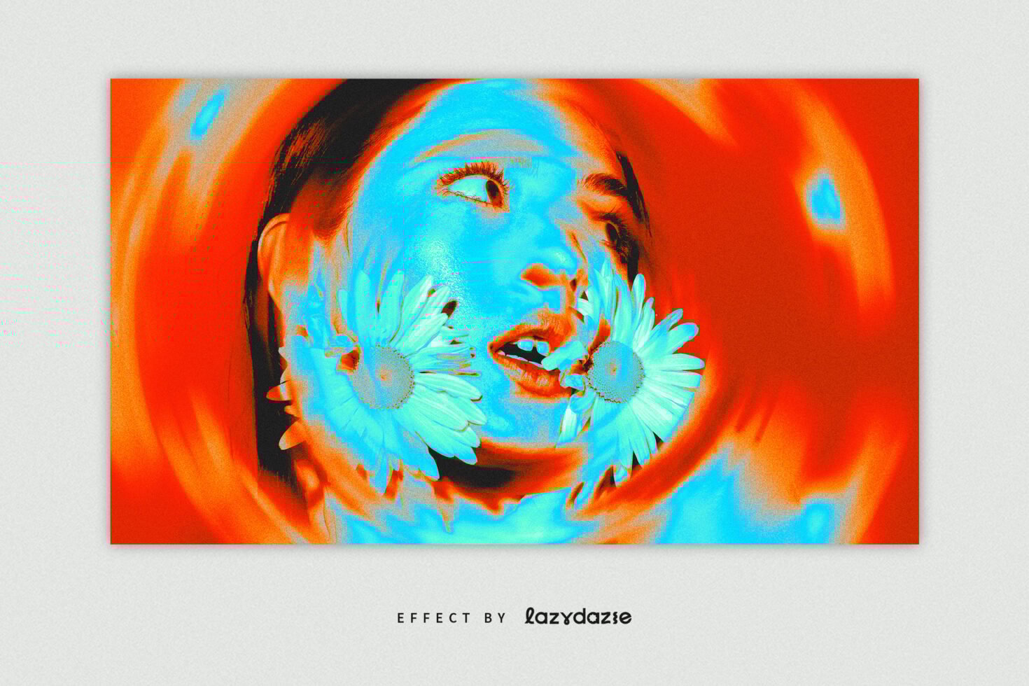 Psychedelic artwork featuring a vibrant double-exposed portrait with daisies effect. Perfect for graphic design projects. Keywords: psychedelic, vibrant, graphic