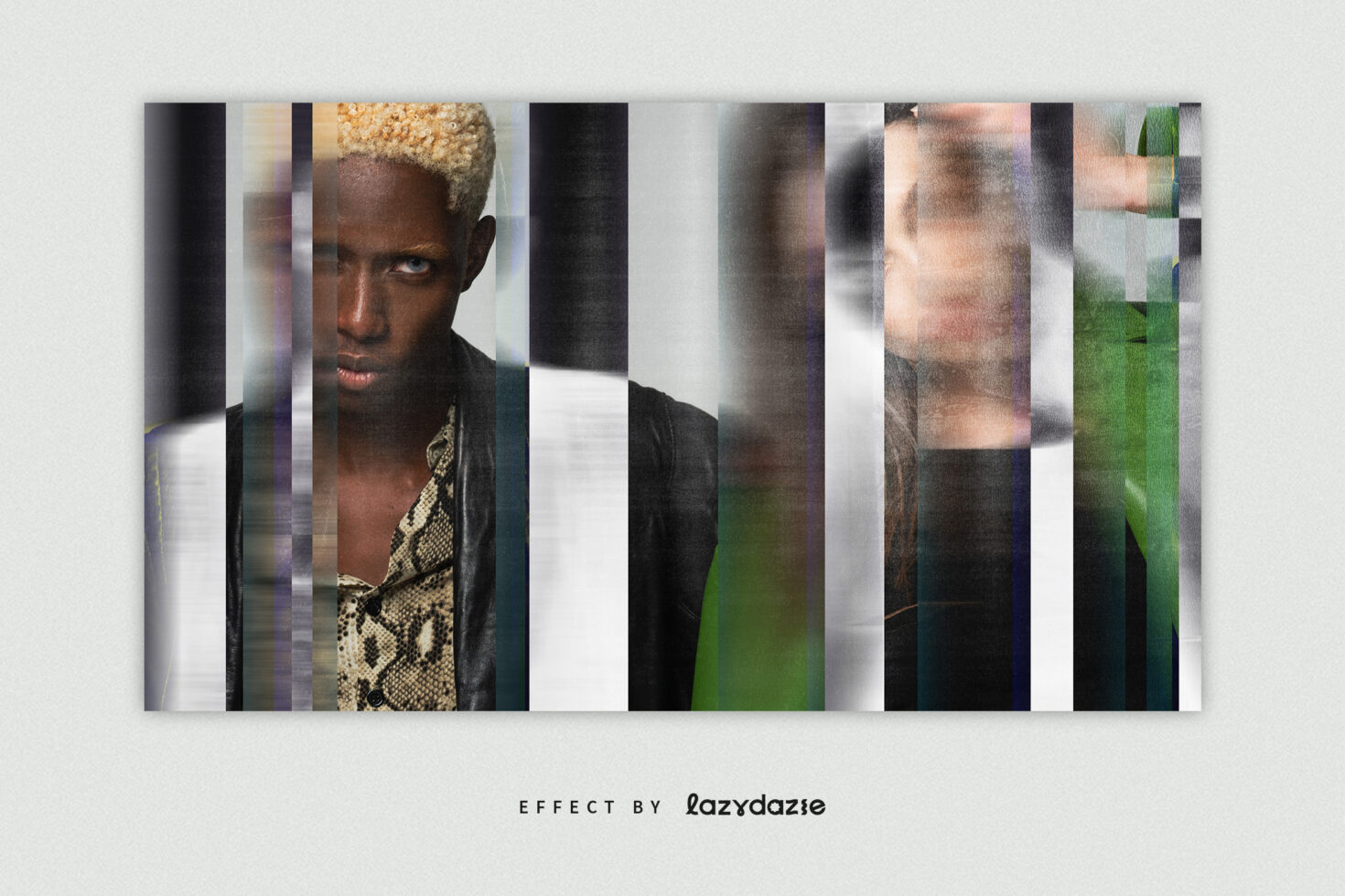 Glitch effect on a portrait with vertical stripes and pixelated distortion; ideal for modern graphic design, templates, and digital art projects.