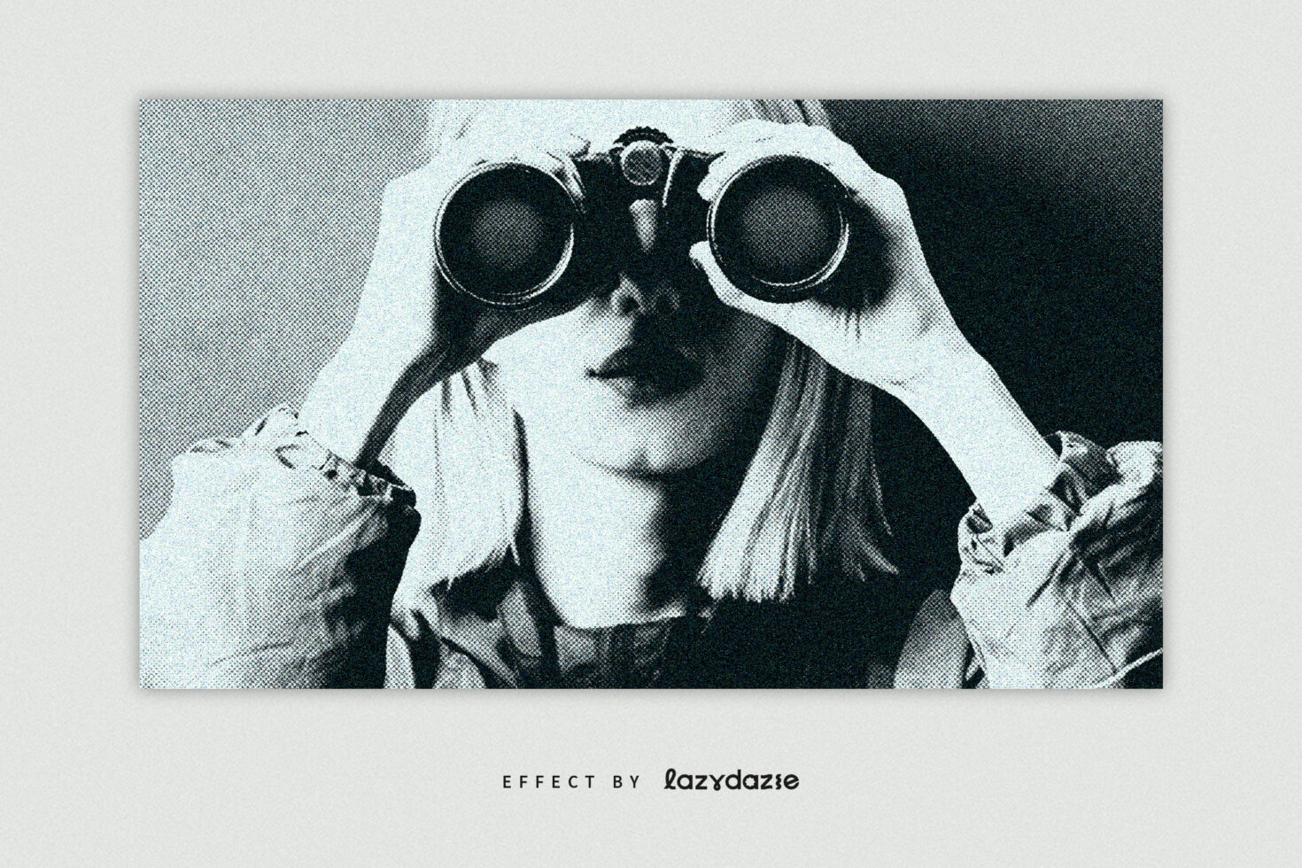 Retro halftone effect photo of a person holding binoculars. Perfect for vintage graphic design projects, textures, and creative templates.