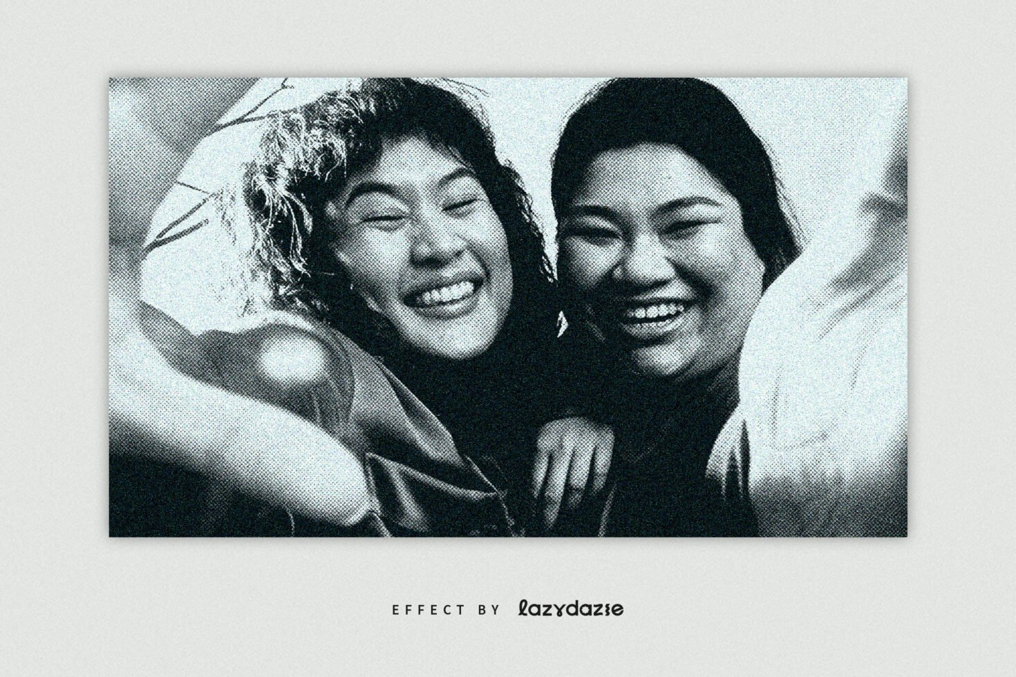 Vintage halftone effect on smiling women photo. Black and white graphic mockup for designers. Retro texture digital asset for creative projects.