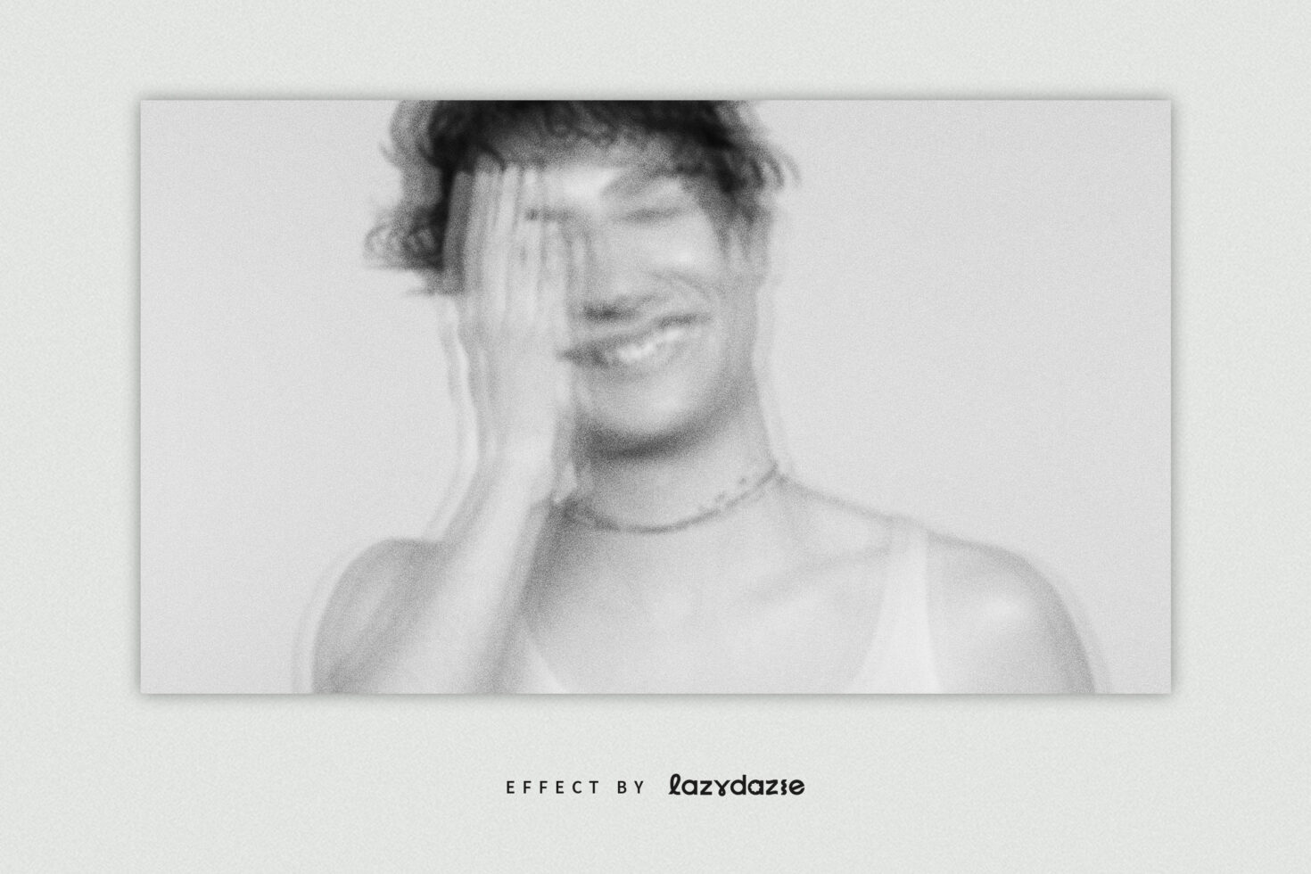 Blurry black and white photo effect of smiling person covering face perfect for design mockups and digital templates high-quality asset for designers.