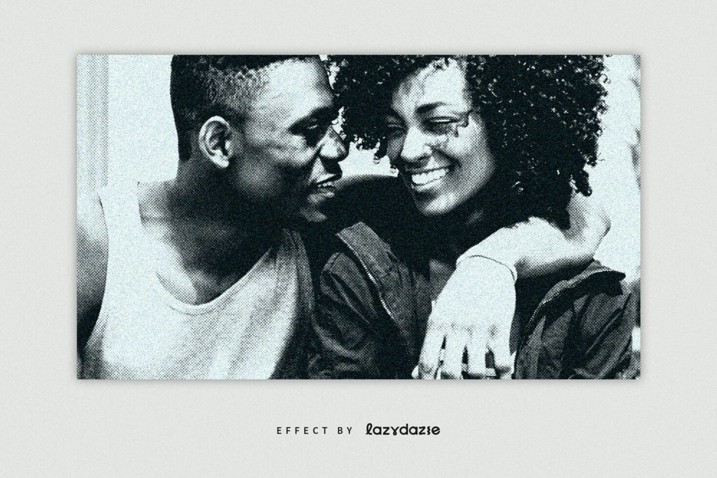 Halftone effect image of a smiling couple in love. Ideal for retro graphics, vintage templates, and design mockups for creative projects.