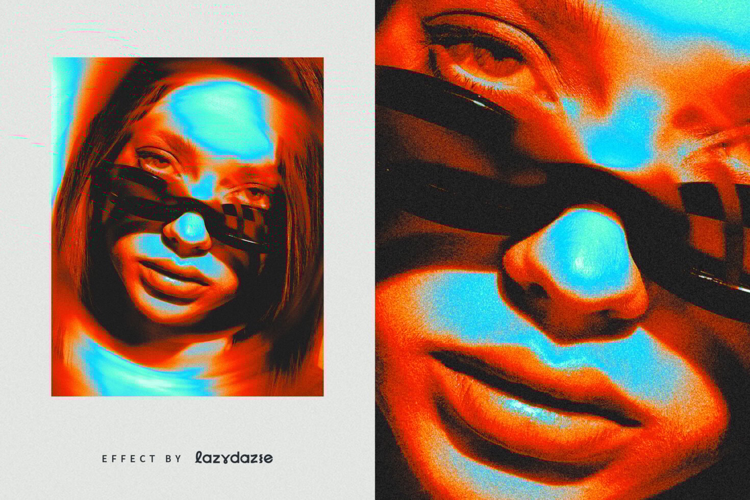 Vibrant digital art effect in red and blue hues featuring abstract portrait with sunglasses. Ideal for graphic designers seeking unique visual assets.