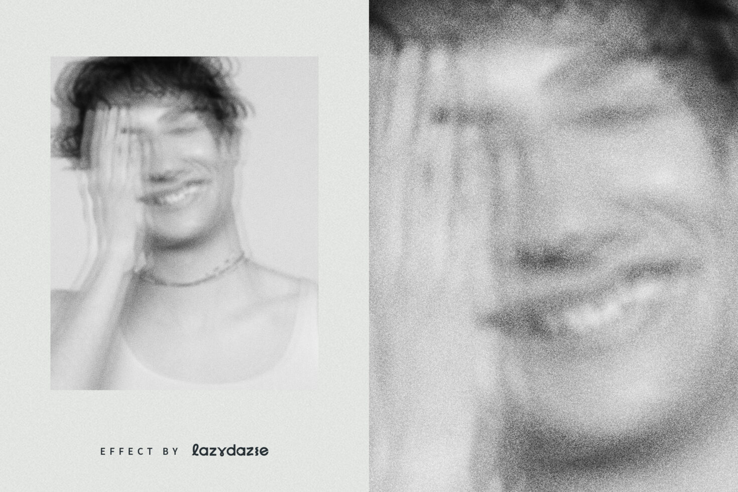 Blurred black and white portrait with glitch effect showcasing a smiling person. Modern graphic design resource for creative editing and visual projects.