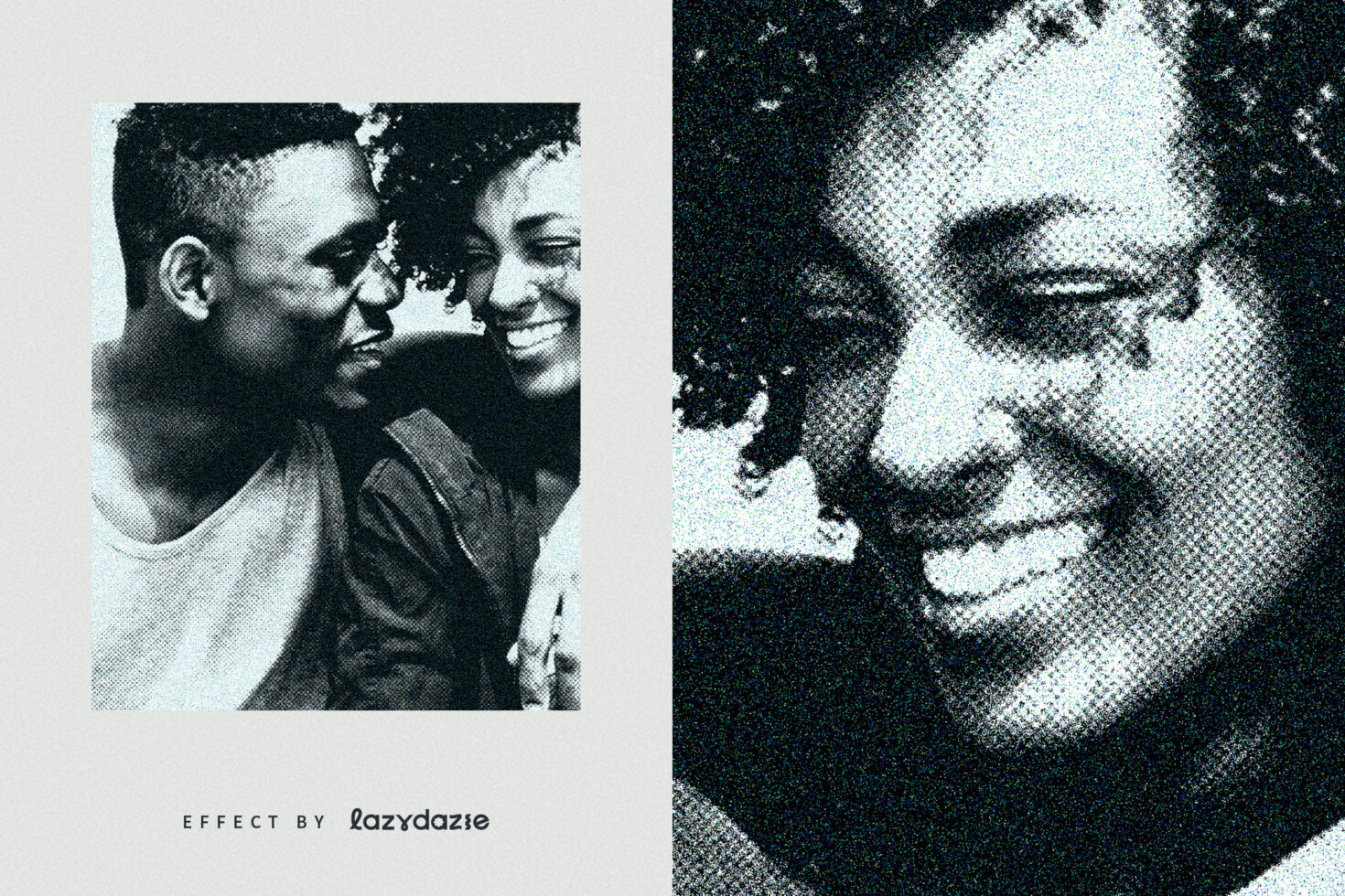 Halftone effect image mockup featuring a smiling couple. Perfect for graphic designers creating retro-style projects. Keywords: halftone mockup, vintage design.