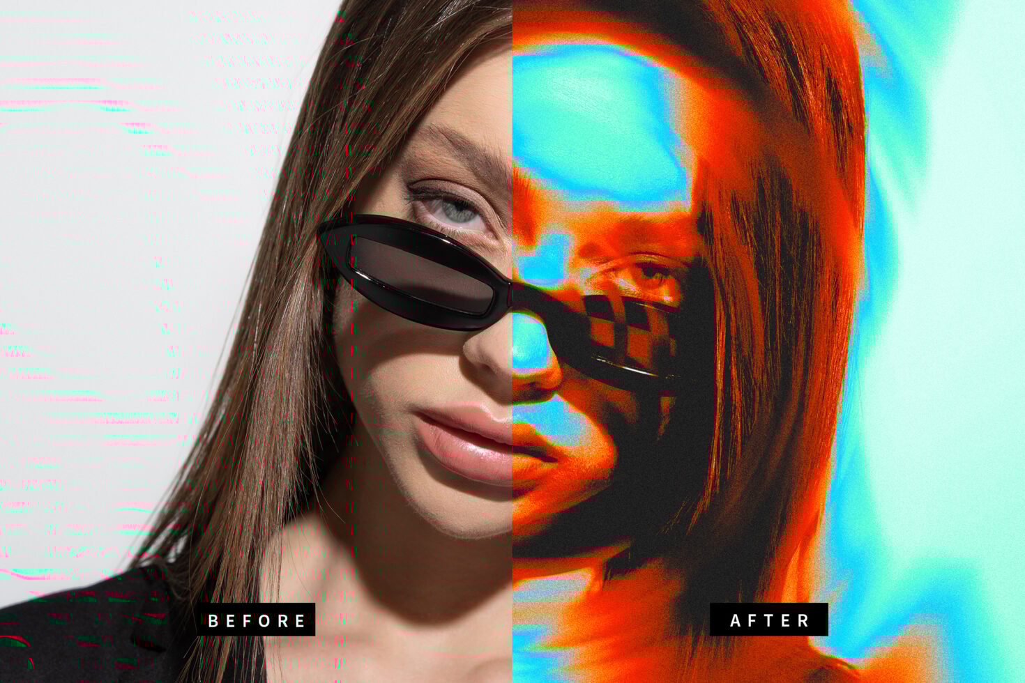 Split portrait showing a woman wearing sunglasses. Half is natural and half is edited with vibrant colors. Suitable for graphics or photo effects.