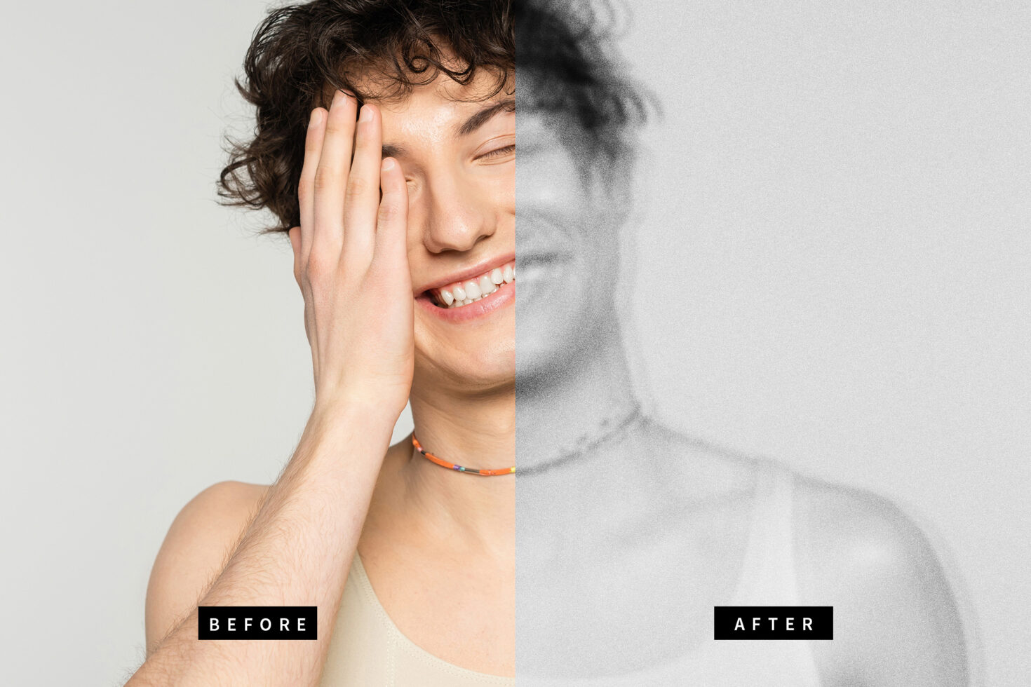 Smiling person with hand on face in a split before and after effect. Vibrant left half, grayscale right half. Ideal for template previews and design mockups.