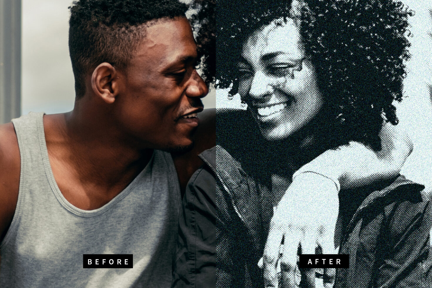 Color to black-and-white filter comparison showing a man smiling in a tank top and a woman with curly hair in a halftone effect mockup for designers.