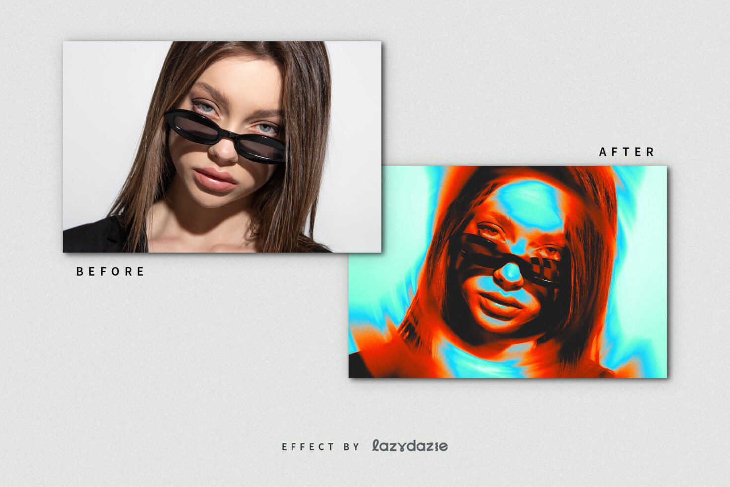 Woman wearing sunglasses before and after neon color effect overlay for graphic design. Creative photo editing mockup for designers seeking vibrant visuals.