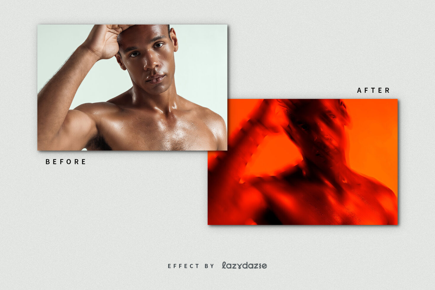 Comparison of photo editing effect on a portrait. Before on left shows natural tones, after on right shows intense red filter. Suitable for graphic designers.