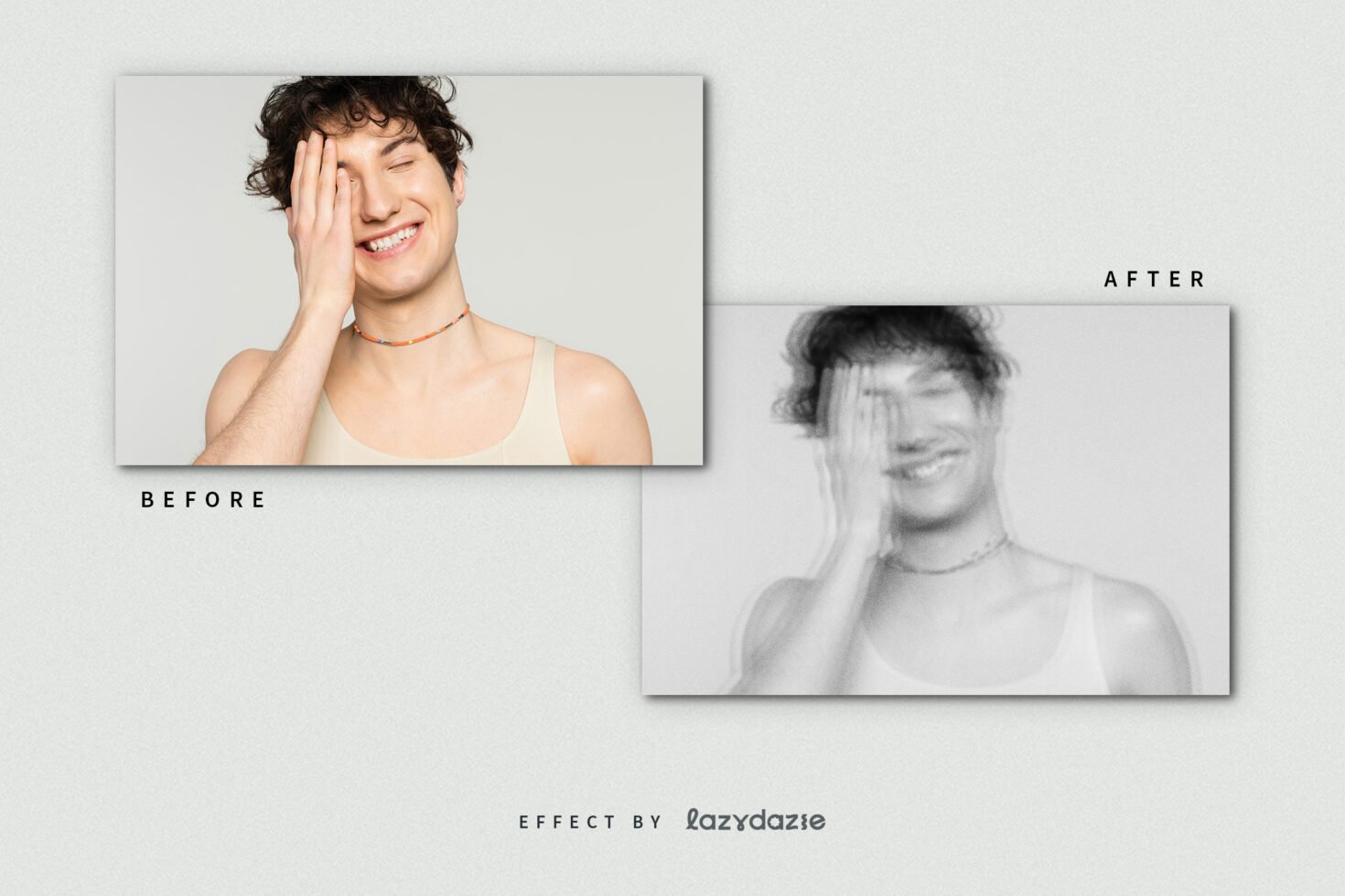 Before and after image effect featuring a person smiling with hand on face. Vibrant to blurred transformation. Ideal for graphics and photo editing projects.