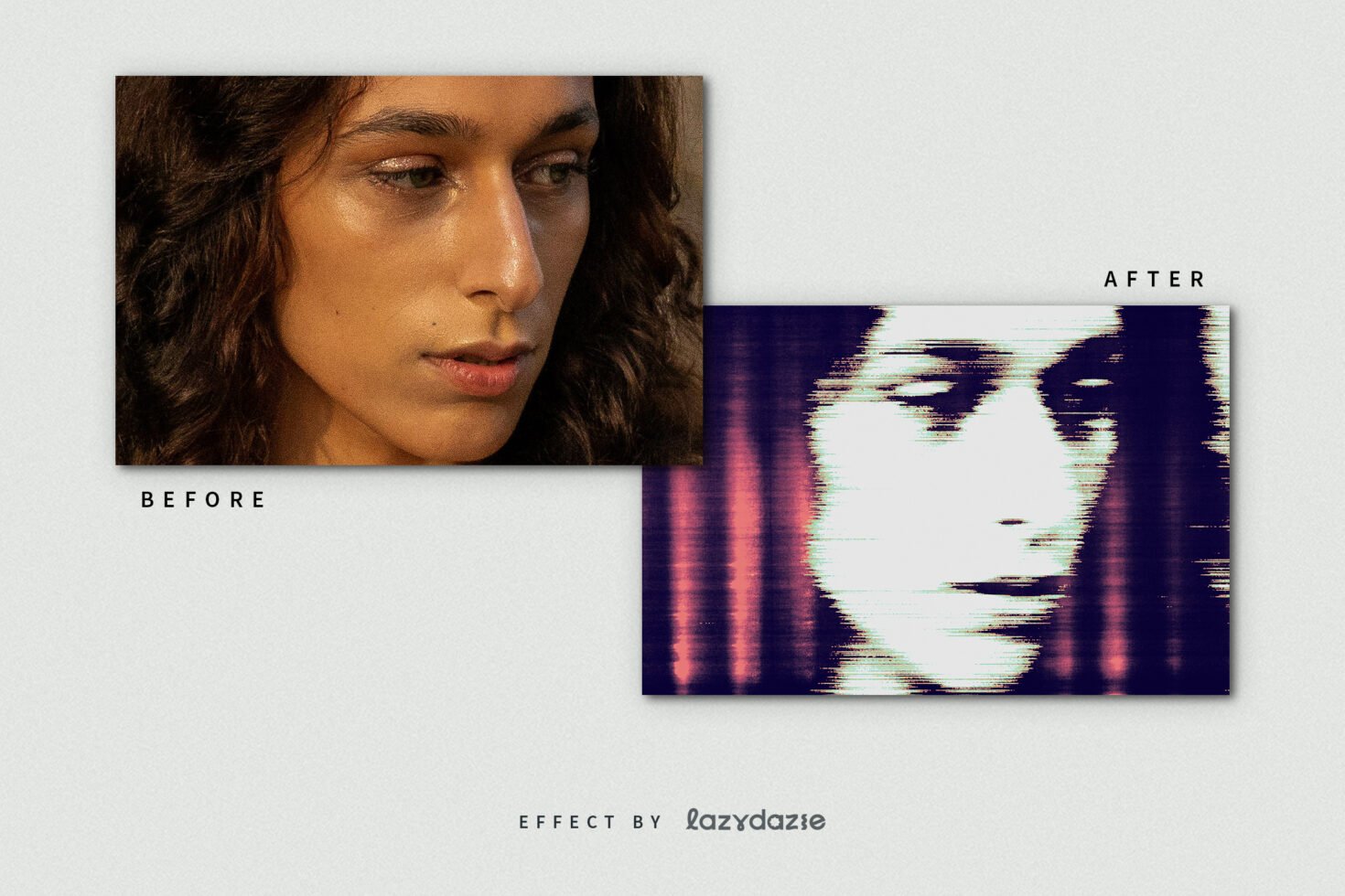 Digital image transformation template featuring a before and after effect by Lazydaze showcasing vintage glitch aesthetics for graphic designers.