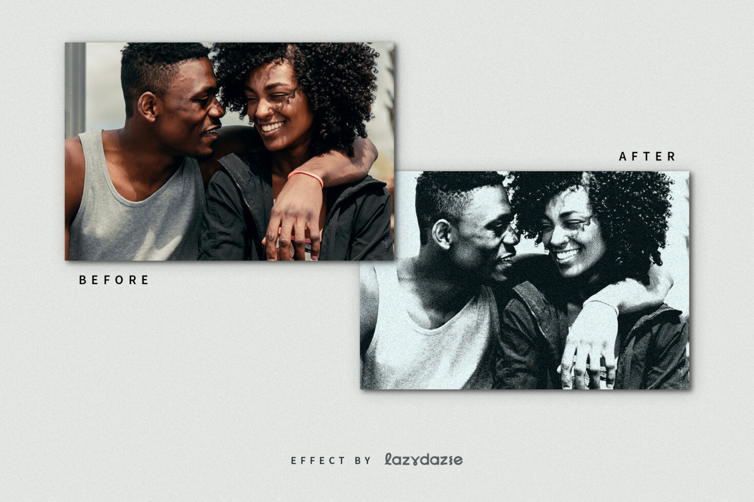 Before and after photo effect showcasing a grainy texture applied to a couple's image. Perfect for designers seeking unique photography effects.
