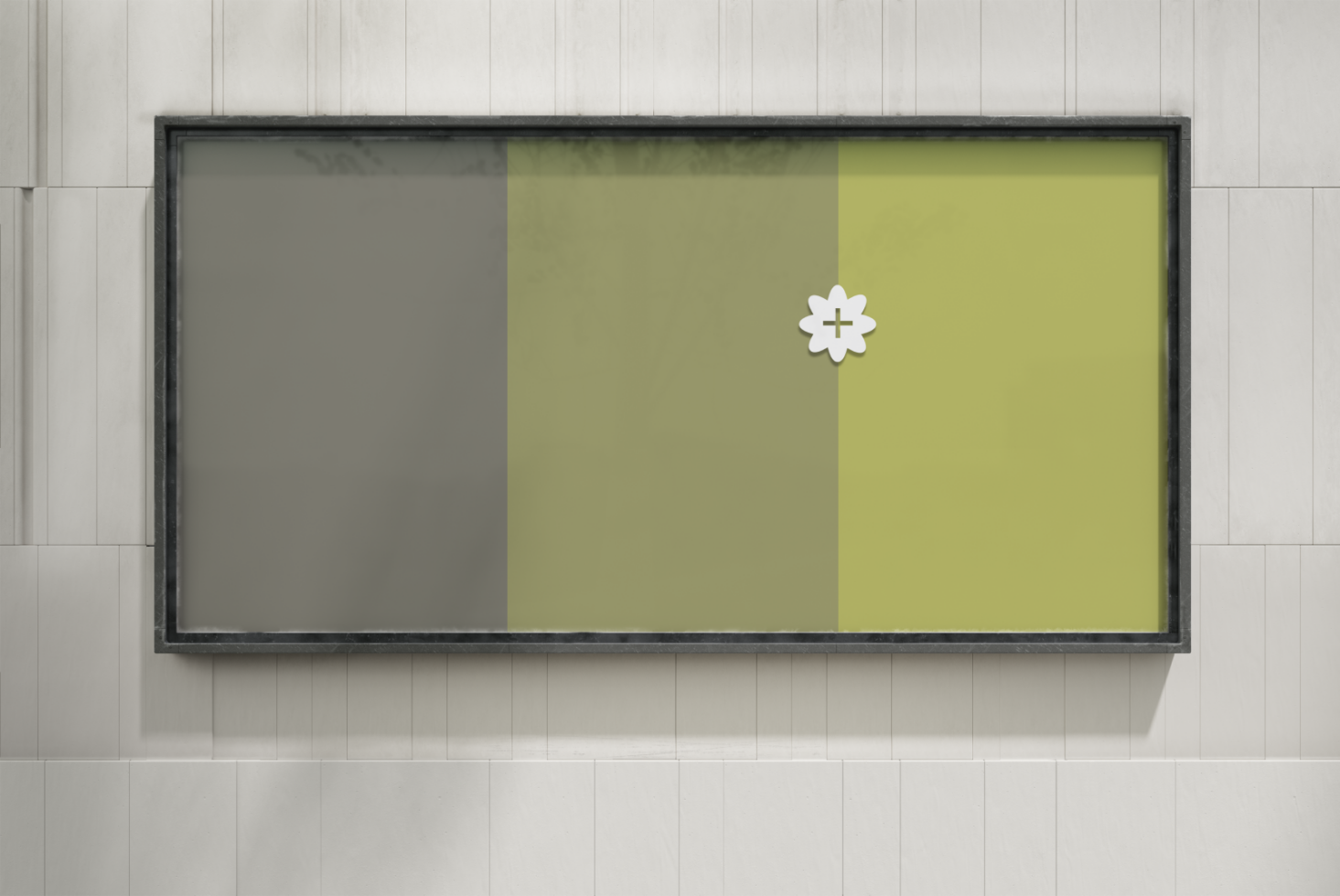 Modern minimalist outdoor billboard mockup with a color-block design in gray and green hues. Ideal for showcasing graphic designs or advertisements.