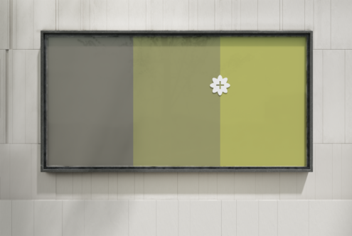 Indoor advertising mockup with geometric design in green and gray. Includes flower icon. Perfect for designers seeking modern display templates for presentations.