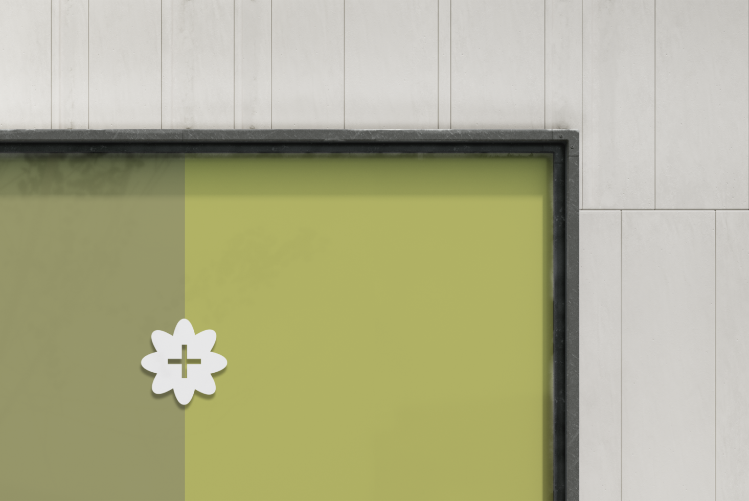 Modern storefront mockup with a minimalist design featuring a yellow-green background and floral logo for branding presentations graphic design templates