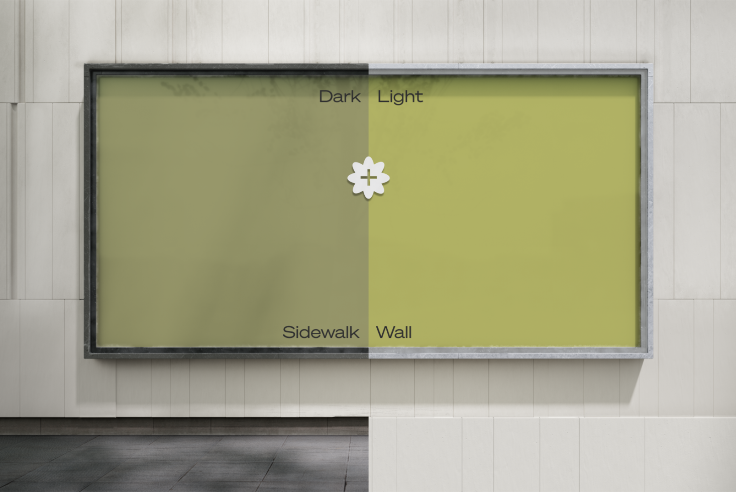 Modern wall mockup with split color background; labeled dark light sidewalk wall with central flower icon; ideal for design presentations and templates.