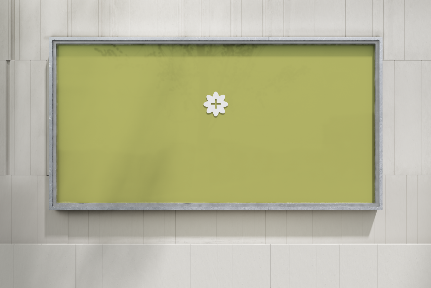 Green billboard mockup on a tiled wall background with a white floral emblem. Ideal for showcasing design work, templates, graphics and advertising displays.