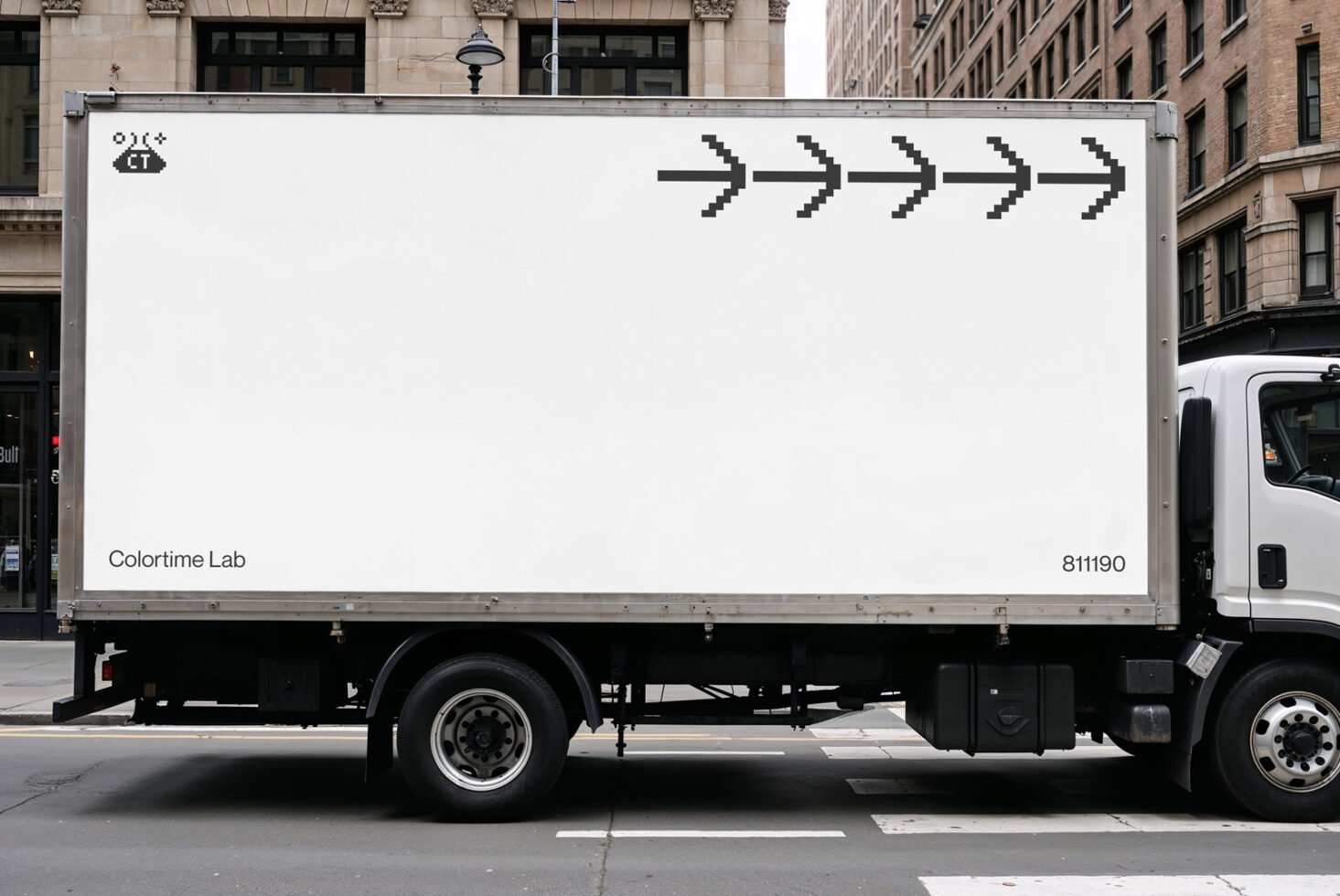 Blank truck billboard mockup on urban street with pixel arrows ideal for designers in graphics templates advertising branding Color Lab 811190