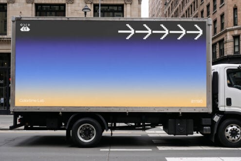 Box truck side view with modern gradient design template by Colortime Lab featuring pixel arrows. Ideal for branding mockup and graphic design projects.