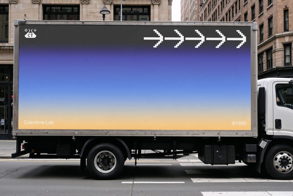 Gradient blue to yellow truck mockup with pixel arrows, NYC street