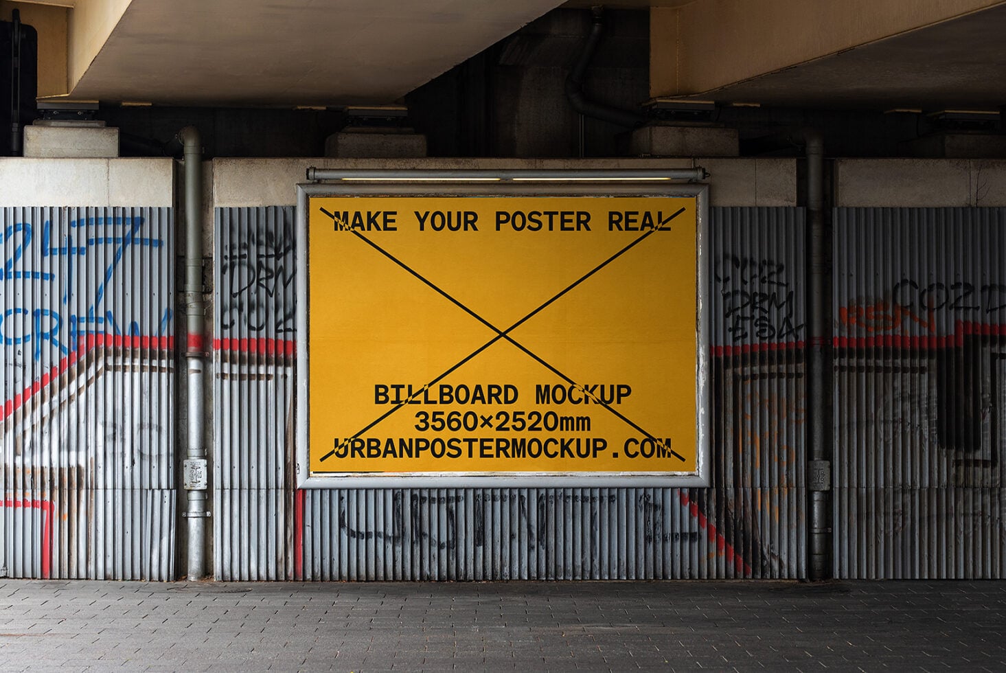 Yellow billboard mockup on urban concrete wall with corrugated metal backdrop