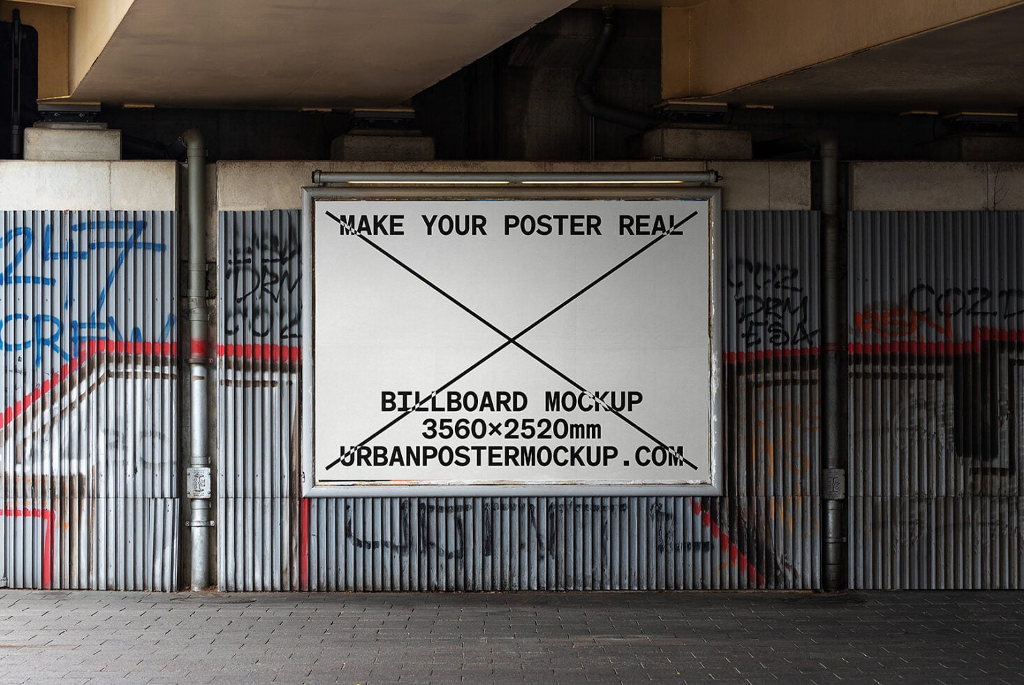 Industrial underpass with white billboard mockup framed by corrugated metal panels