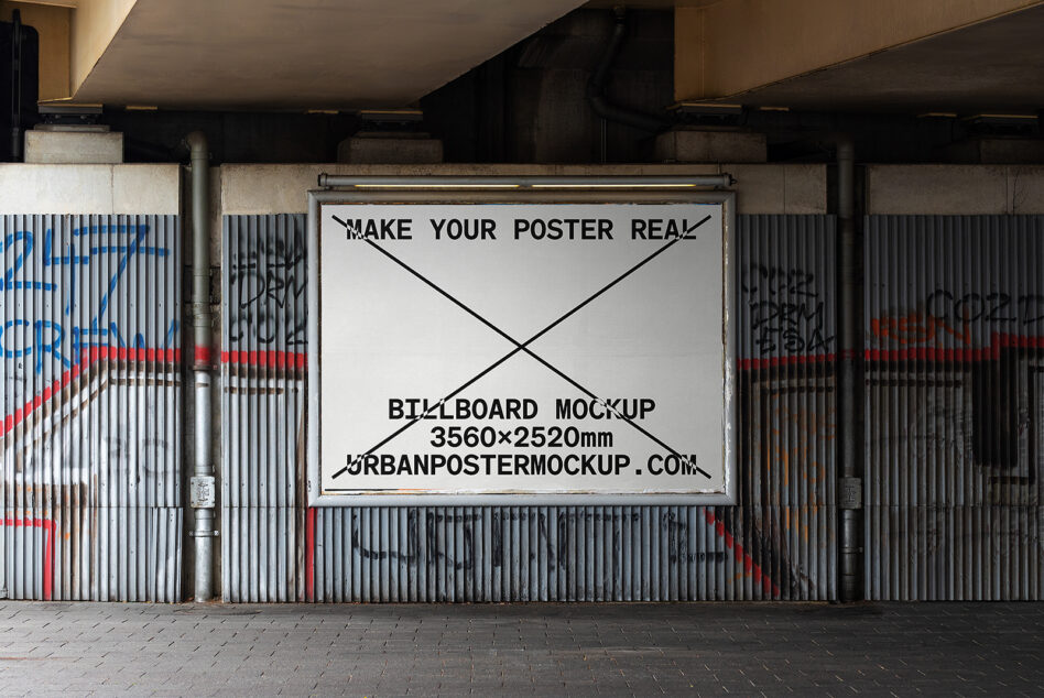 Industrial underpass with white billboard mockup framed by corrugated metal panels