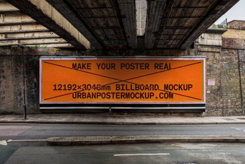 Urban billboard mockup design with orange background under bridge. Perfect for showcasing poster designs to graphic designers. Mockups for creatives.