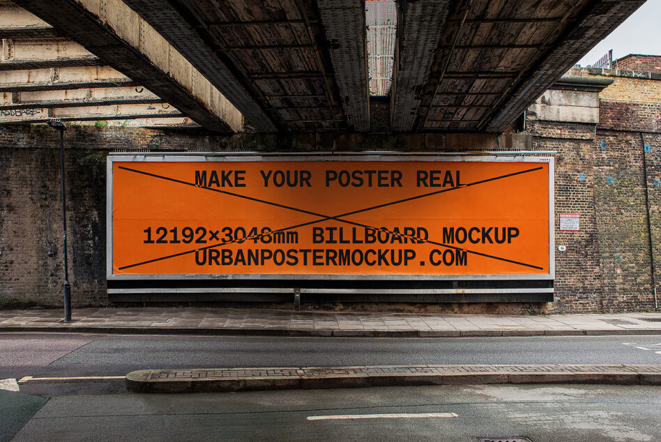 Orange billboard mockup under concrete overpass with black diagonal lines