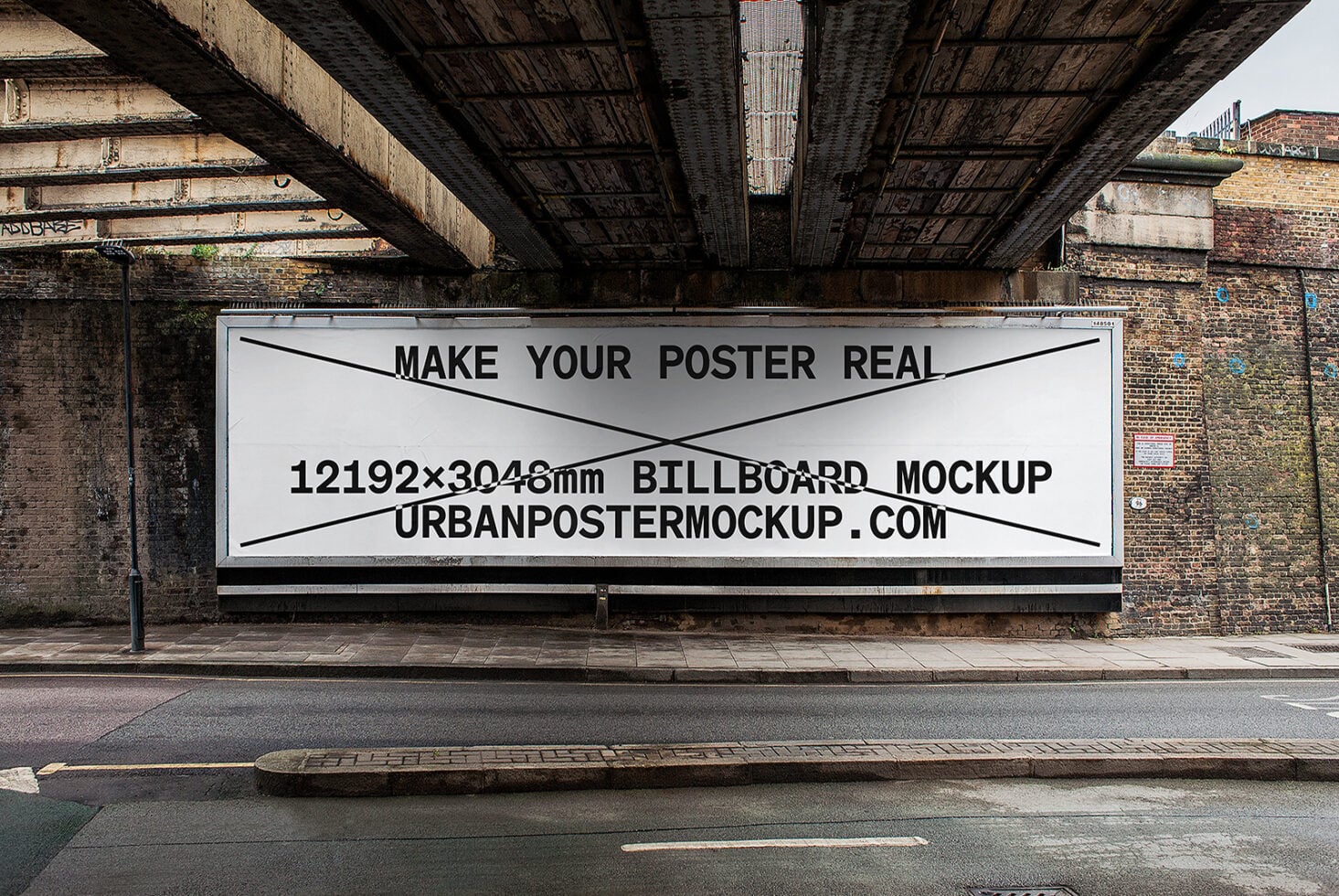 White billboard mockup under concrete overpass with black diagonal lines