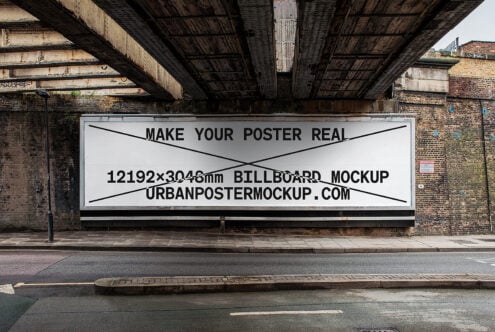 Urban billboard mockup under bridge for poster designs. Ideal for showcasing advertising concepts. Download for designers. High-resolution graphic template.