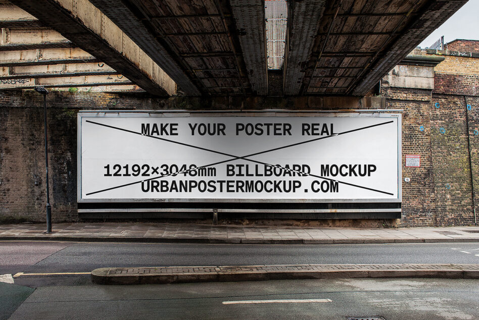 White billboard mockup under concrete overpass with black diagonal lines