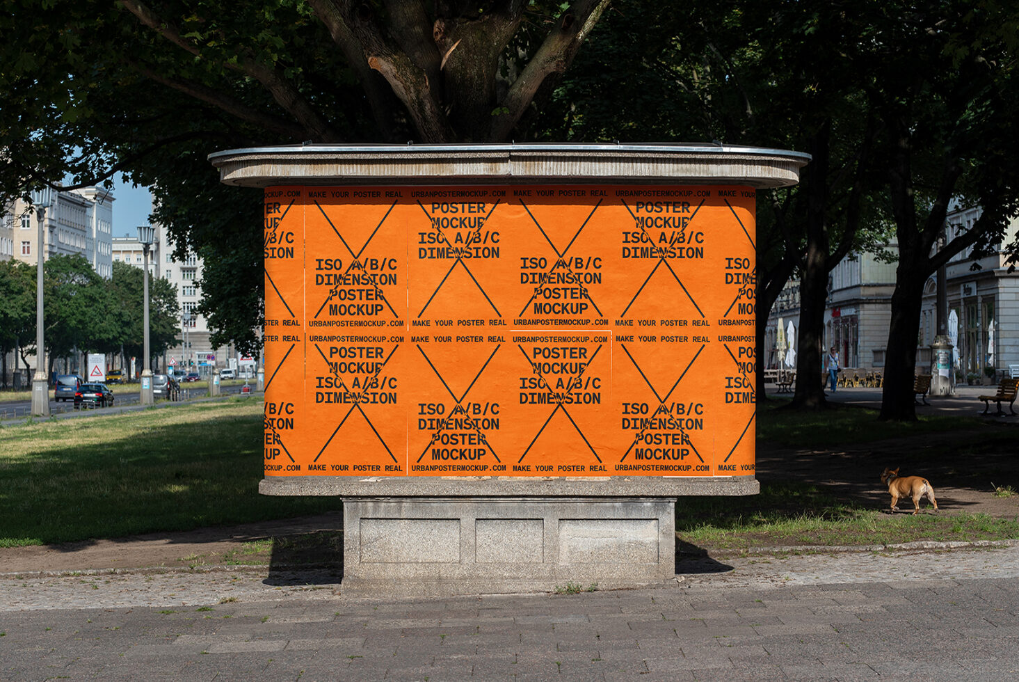 Urban poster mockup on column. Orange background with text. Ideal for showcasing designs in a street setting. Perfect for graphic design projects.