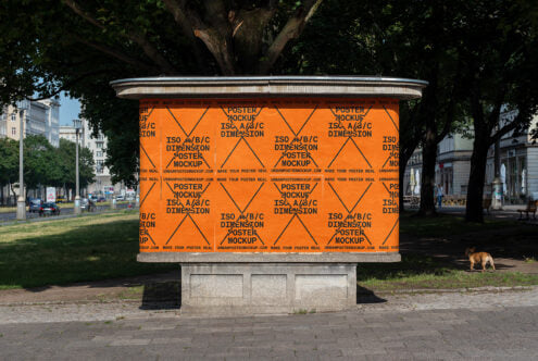 Urban poster mockup on column. Orange background with text. Ideal for showcasing designs in a street setting. Perfect for graphic design projects.