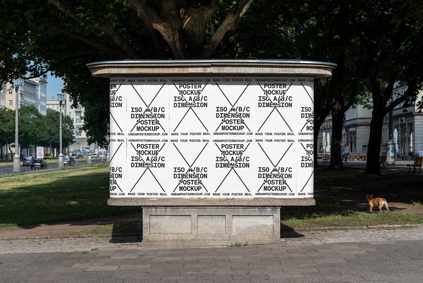 Urban poster mockup on a cylindrical street structure surrounded by trees and urban scenery showcasing the ISO A B C dimension. Perfect for design projects.