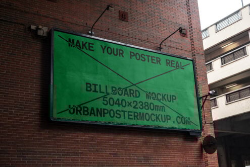 Outdoor billboard poster mockup on brick wall in urban setting for graphic designers 5040x2380mm template ideal for advertising presentation