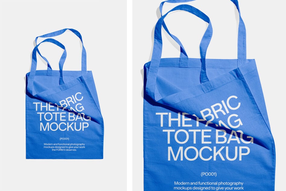 Bright blue tote bag shown two sizes with white text mockup
