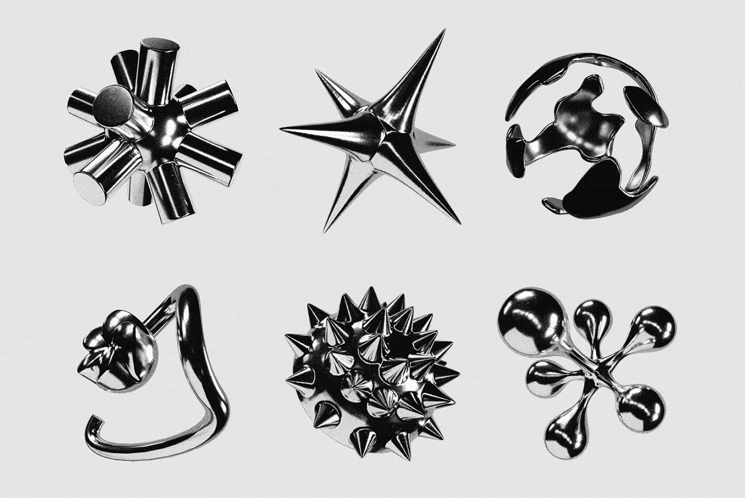 Six metallic 3D spike studs spiky objects in various shapes