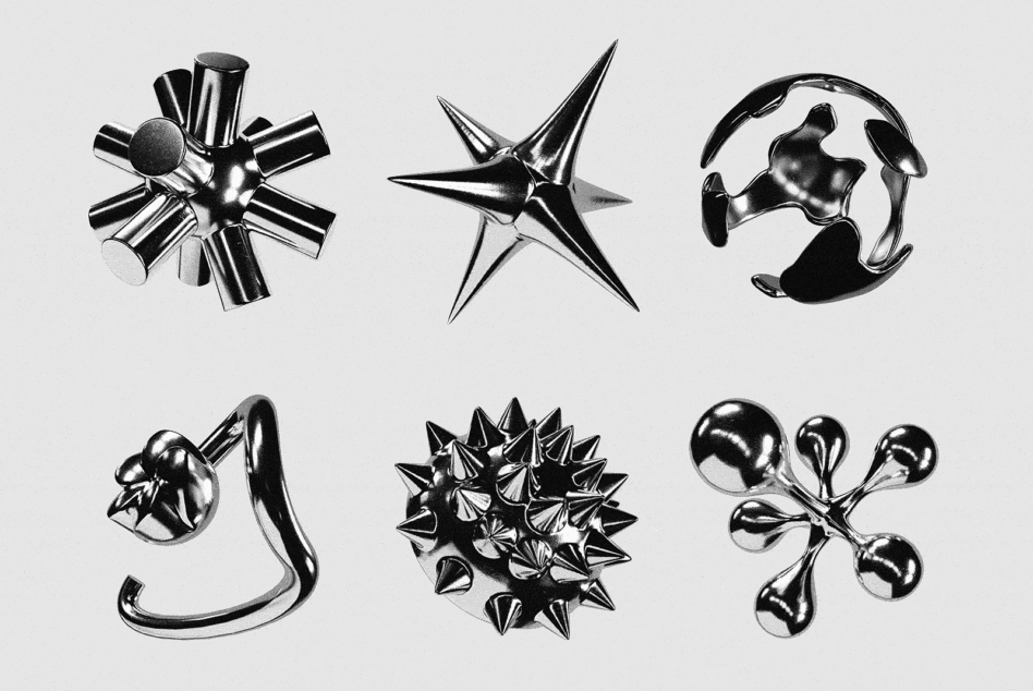 Six metallic 3D spike studs spiky objects in various shapes