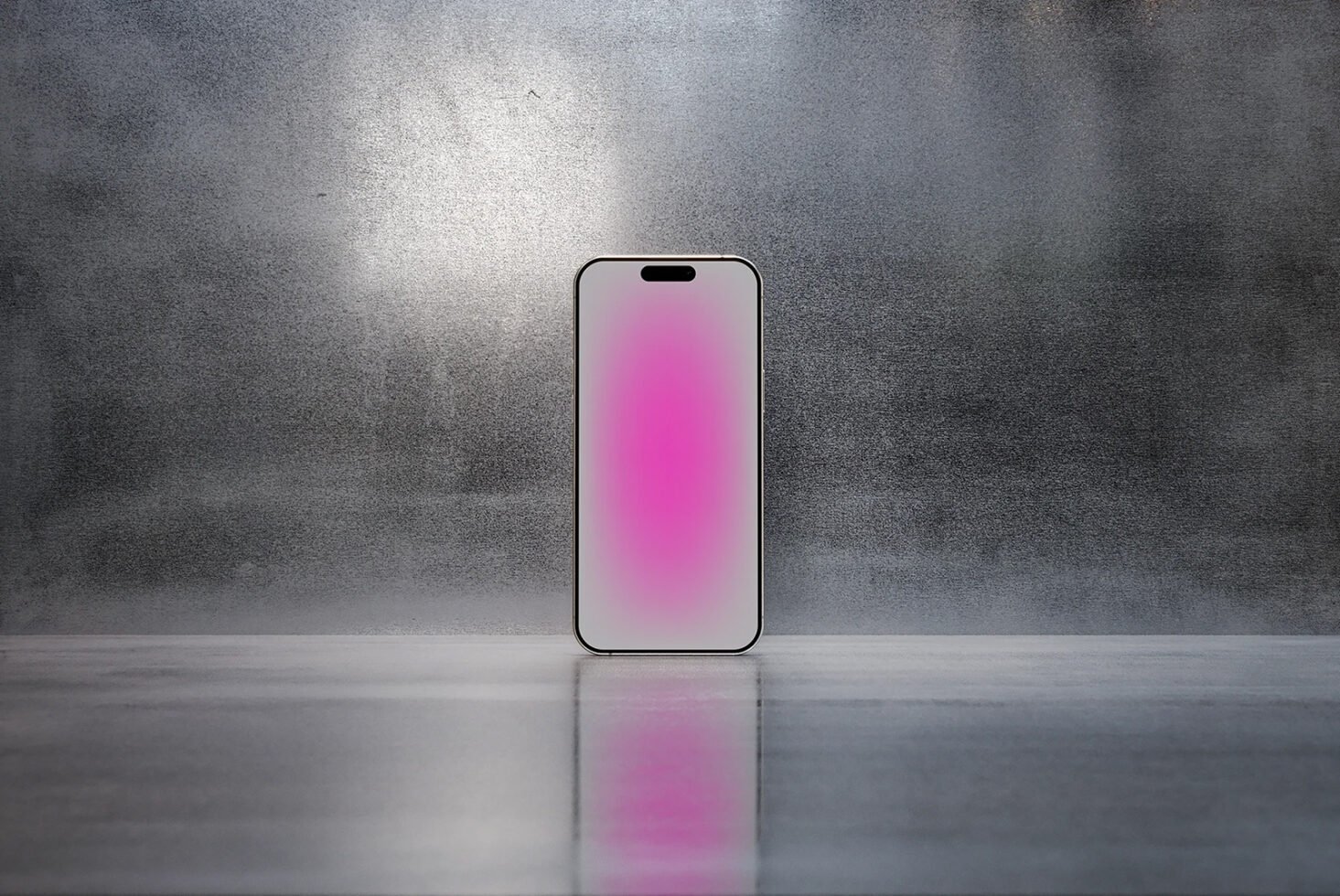 Smartphone mockup with a pink gradient screen on a reflective surface and metallic background perfect for showcasing app designs and digital assets.