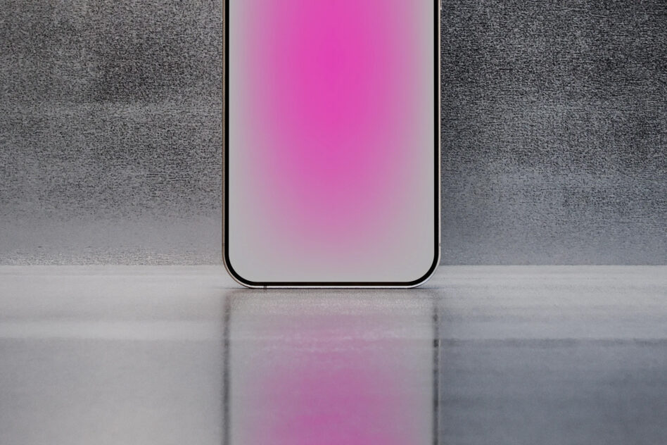 Modern phone with pink gradient screen centered against textured backdrop