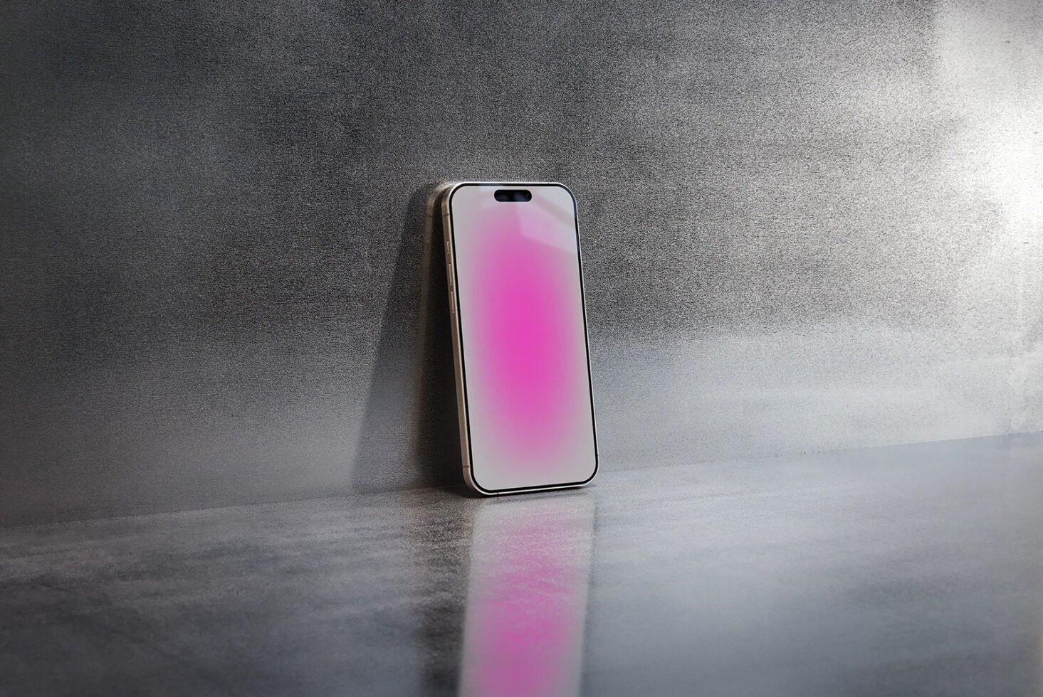 Smartphone mockup with vibrant pink screen against a textured gray background ideal for designers and digital asset marketplaces SEO keywords included